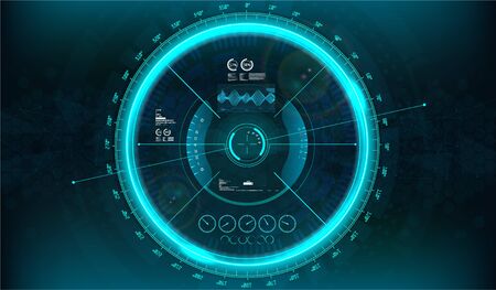 HUD Modern Aiming System with Device tilt level. Futuristic VR Head-up Display Design. View from the cockpit spaceship, drone, helmet, crosshair, aim. Techno target screen element. HUD GUI gadget.のイラスト素材