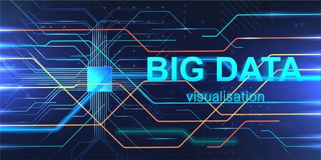 Visualization Big Data and Microchip processor, Technology design with lines and tech elements. Abstract background. Visual data complexity. Complex data threads graphic visualization. Vectorのイラスト素材