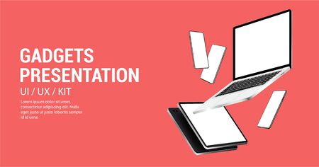 Minimalist mockups gadgets. Smartphone, laptop, tablet at different angles. Web site banner with 3D Realistic gadgets blank screen. Set mockups generic device for presentation UI design. Vectorのイラスト素材
