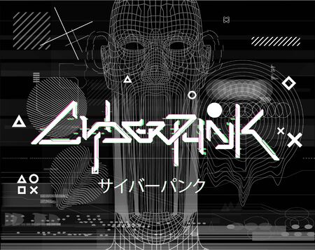 Cyberpunk poster. Hologram Ai in humanoid head with glitch and bag. Horror tech poster. Conceptual image Artificial intelligence, VR tech shapes. Inscription of Japanese Hieroglyphs - Cyberpunkのイラスト素材