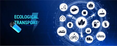 E-mobility web page banner, with icons and keywords. Ecological city and public transport. Worldwide individual transportation (e-car, e-bike, electric trains, trams, trolleybuses and other). Vectorのイラスト素材