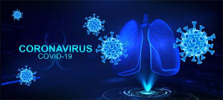 COVID-2019 (coronavirus) with human lungs hologram on a blue futuristic background. Deadly type of virus causes the severe illness SARS (Severe Acute Respiratory Syndrome). 3D Coronavirus bacteria.のイラスト素材