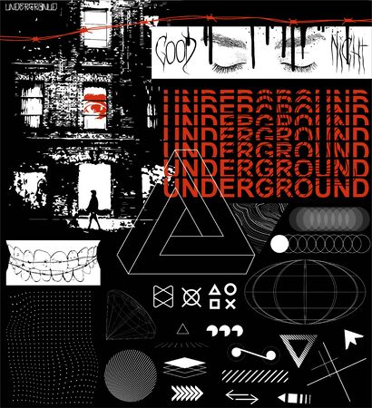 Stylish design elements, brutalism shapes for t-shirt and merch print. Trendy street design, graphic prints clothing ambigram. Aggressive hip hop elements for evil defiant design. Vector illustrationのイラスト素材