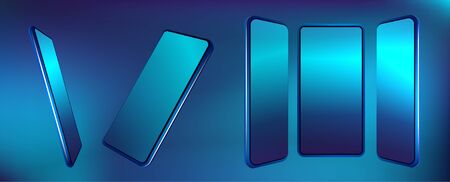 Futuristic smartphones set at different angles. Blue color mockups. Collection mobile phones, generic device. Vector smartphones set. Realistic 3d phones template. Vector illustrationのイラスト素材