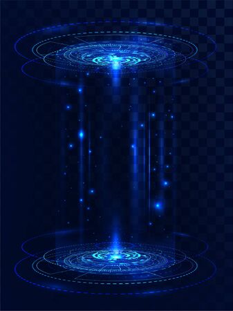 Two luminous Holograms with light effect in HUD style. Portal, teleport, podium for GUI or presentation. Virtual reality element, hologram projector. Vector isolated illustrationのイラスト素材