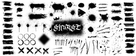 Extensive collection of black paint, great elaboration, spray graffiti stencil template ink brush strokes, brushes, lines. Paint splats blotches. Ink splashes stencil, Isolated vector set, grungeのイラスト素材