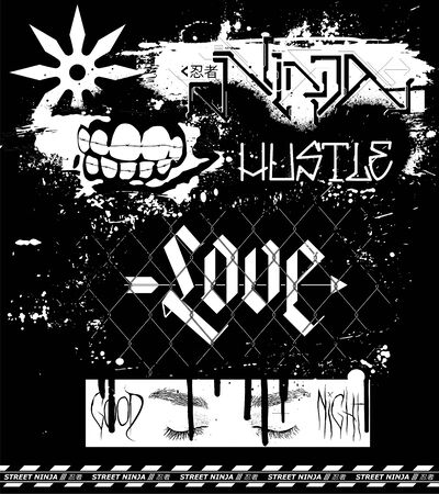 Brutalism art, T-shirt and merch print. Monochrome grunge cover, angry and aggressive with a brutal style in black and white colors. Trendy album hip hop cover. Lettering in Japanese - Ninja. Vectorのイラスト素材