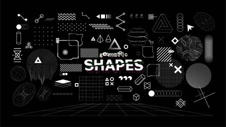 Stylish geometric shapes. Neo memphis design elements for t-shirt and merch print. Abstract collection elements of different shapes and types. Vaporwave style, universal geometric pattern. Vectorのイラスト素材