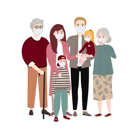 The whole family wearing protective medical mask. Coronavirus protection (Covid-19). Isolated people, family: Man, woman, children and grandparents wearing a surgical mask. Vector illustrationのイラスト素材