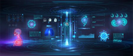 Genetic research, Healthcare examination and human scanning in HUD style. UI for Medical App, Futuristic Medical GUI, HUD interface hologram - Human heart, body, lungs, MRI of the brain and bacteriaのイラスト素材