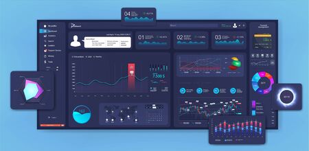 Modern dashboard design, Mockup beautiful and thoughtful admin panel. UI, GUI template (graphic, data, charts, infographics and diagrams) in flat style. Analytics admin dashboard. Vectorのイラスト素材