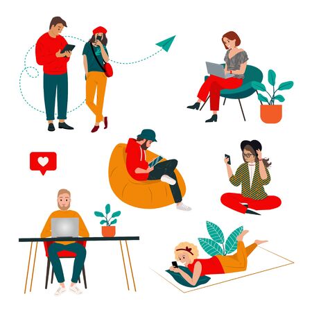 Colorful people set of communication via the Internet, social networking, web site, search friends, messages, video, chat. People work and communicate using the Internet and modern gadgets. Vectorのイラスト素材