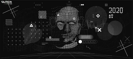 Holographic Ai in humanoid head. Conceptual image Artificial intelligence, Virtual reality, tech shapes, Head Up elements HUD. Biometric technology, Face recognition systems Ai. Cyberpunk VR setのイラスト素材