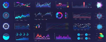 Detailed dashboard infographics template with data and charts, statistics graphs and finance analysis in futuristic style. UI, UX, GUI. Big data (Pie charts, infographics, bars, data panels, diagrams)のイラスト素材