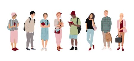 Full-length students, multicultural students in flat style. Boys and girls are holding bags, phones and books. Happy and joyful teens, students. Isolated people. Fashion teens, Vector illustrationのイラスト素材