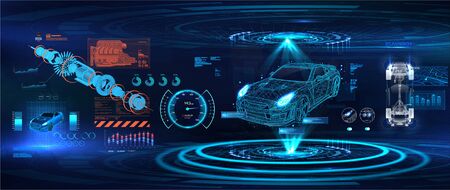 Hologram auto in low poly style, wireframe in line. Modern diagnostics in the car service of the future. Automobile infographic, ui, analysis and car condition. HUD, GUI, UI style. Vectorのイラスト素材
