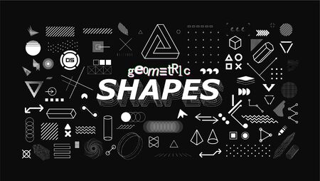 Set of neo memphis geometric shapes. Trendy graphics element for your design. Vaporwave style, universal geometric shapes and elements on dark background. Vector memphis elements setのイラスト素材