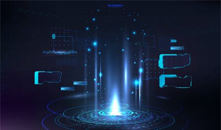 HUD circle hologram for presentation UI, UX, GUI design. Sci-fi dashboard with Futuristic User Interface HUD. Innovation presentation template. Vector FUI holographic baseのイラスト素材