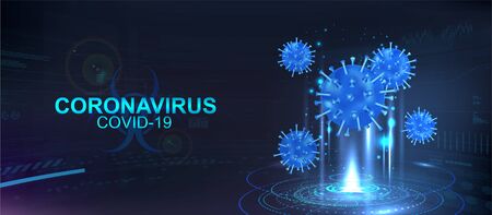 Hologram of Covid-19, Coronavirus bacteria on a blue futuristic background. Deadly type of virus Covid-19, healthcare banner. 3D microbes on dark background. Infectious pathogen virus concept. Vectorのイラスト素材