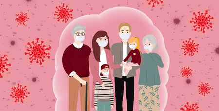 The whole family wearing protective medical mask. Coronavirus protection (Covid-19). Concerned people. Masked people, protection methods concept. Coronavirus infection control. Bacteria in the airのイラスト素材