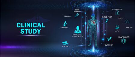 Clinical study, healthcare concept banner with keywords and icons and 3D body hologram. Futuristic examination of human health and proper treatment in HUD style. Sci 3D x-ray. Vector medical bannerのイラスト素材