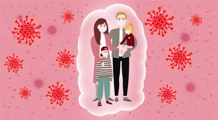Concerned people, family because of coronavirus (covid-19). Masked people, protection methods concept.  pneumonia vector illustration. Coronavirus infection control. Bacteria in the air.のイラスト素材
