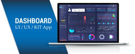 Admin panel design, dashboard interface. Platform application for Analytic and financial distribution. Business dashboard with infographics, data, charts and diagrams. Dark blue admin panel. Vector UIのイラスト素材