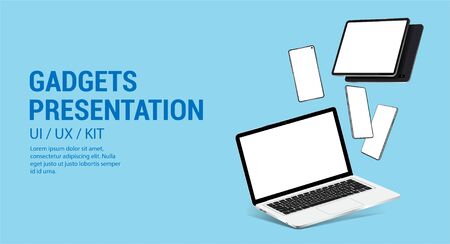 Web page with 3D mockups gadgets ( smartphone, laptop, tablet) Realistic devices. Gadgets from different angles, perspective, isometric. Mockups devices set. Vector illustrationのイラスト素材