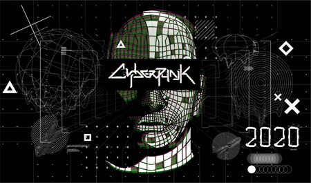 Digital abstract artwork with cyberpunk shapes. Black and white glitch generative art background, text technology and geometric elements. AI and VR technology. Sky-fi elements set. Vector illustrationのイラスト素材