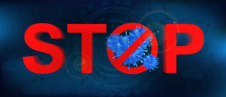 Stop pandemia Covid-19 (coronavirus). Red text with symbols stop and 3d Bacteria from Wuhan. SARS-CoV-2 epidemic. Stop on futuristic background with microbes. Vector illustrationのイラスト素材