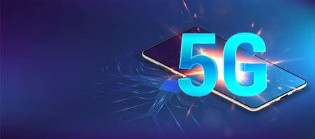 Hi-tech 5G wireless internet wifi connection with isometric mobile phone. Technology global network with high speed internet. 5G vector banner with microchip and mobile technology. Vector illustrationのイラスト素材