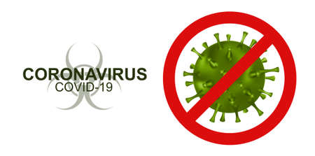 Concept stop virus Covid-19 (Coronavirus). Red text with elements of the green bacteria. Text for your design with 3D bacteria. Vector illustrationのイラスト素材