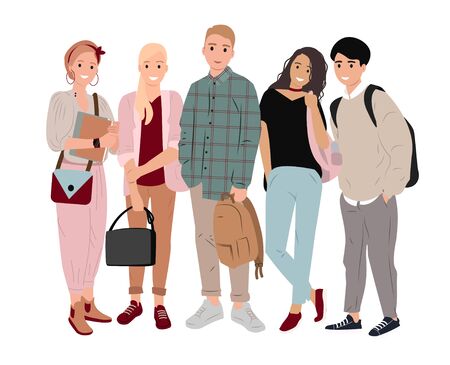Group happy students with books, backpacks and bags on isolated background. Smiling school friends or students, teenage boys and girls, stand upright in flat style. Colorful vector illustration.のイラスト素材