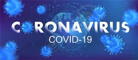 Virus Covid-19 and World Map. Coronavirus from Wuhan virus disease. White inscription coronavirus with 3D bacteria and futuristic background and Globe Earth. Vector illustration with blur effectのイラスト素材
