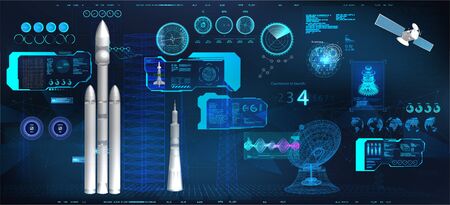 Space Station Command Center. Spacecraft launch in HUD style. Cockpit interface with 3D models rockets and elements (Radars, Spaceships, Antenna, Satellite and HUD interface) Sky-fi dashboard. Vectorのイラスト素材