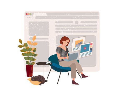 Girl freelancer works at home in quarantine, workspace for remote work online. The concept of work and home education. Girl works at a laptop and drinks coffee. Vector isolated illustrationのイラスト素材