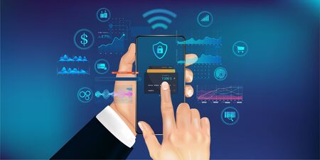 Mobile phone payment concept with NFS technologies. High payment security. Wireless cash transaction technology. Smartphone in hand with futuristic interface. Vector illustration NFS in HUD styleのイラスト素材