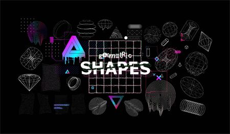 Universal modern shapes with glitch effects. Trendy cyberpunk retro futurism set, vaporwave. Digital abstract elements for web design, banners, posters and covers. Futuristic memphis. Vector