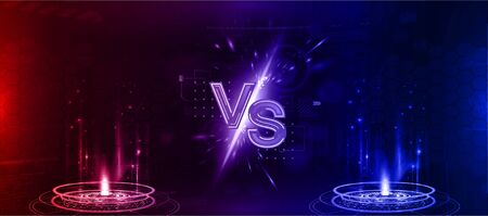Futuristic Versus banner - image blank. Red and blue glow rays night scene with sparks. Hologram light effect. Competition vs match game, martial battle vs sport. Vector illustration versusのイラスト素材