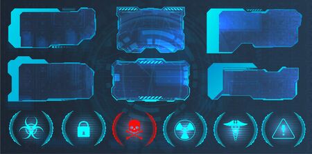 GUI, HUD, UI hi-tech frame screens and small callouts for icons. Good for video games sky-fi concept. Info frame box in futuristic style. Virtual elements design. Callouts titles. Vector illustrationのイラスト素材