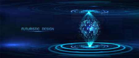 Futuristic background, Earth globe hologram. Yhree-dimensional interface, Sky-fi concept, science fiction scene. Vector high-tech illustrationのイラスト素材