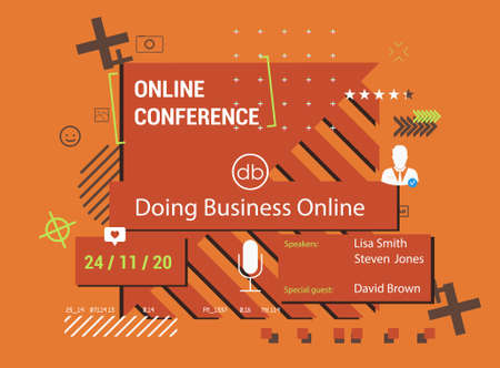Poster online conference with trendy modern elements. Digital art design invitation online business webinar. Poster in flat style. Beautiful and bright conference poster with place for text. Vectorのイラスト素材