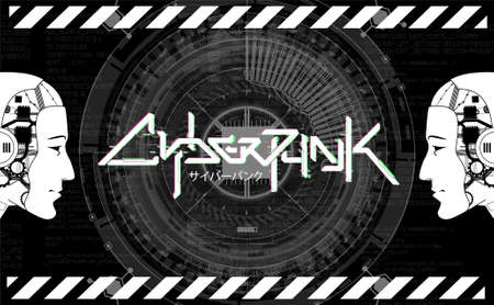 Cyberpunk black and white poster, with circle element and cyborgs faces. Retrofuturism template poster, flyer, card for event, electronic music or club party. Vector illustration cyberpunkのイラスト素材