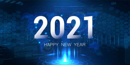 Digital banner 2021 Happy New Year on blue background with HUD interface and polygons. Futuristic technology 2021 concept and world map. Digital design poster 2021 New Year. Vector illustrationのイラスト素材