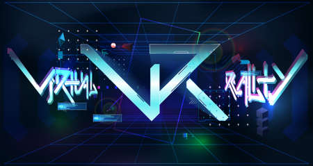 VR neon poster, Virtual reality with tech elements and futuristic graffiti lettering in cyberpunk style. Virtual reality volumetric space with Head-up display design. Modern VR text. Vectorのイラスト素材