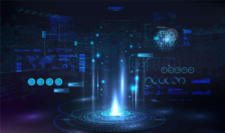 Circle presentation podium template for UI, UX, KIT, GUI. Futuristic portal with HUD interface elements. Podium for show your product. Concept future and cyberpunk. Vector illustration VR presentationのイラスト素材