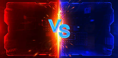 Futuristic Versus poster design for game battle, cyber sport, mma, gaming championship, online tournament. VS GUI letters with neon and glow effect on futuristic red-blue background. HUD Versus Battleのイラスト素材
