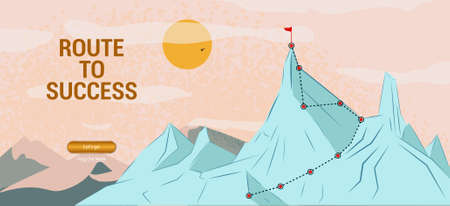 Web banner, Route to the top, Mountain journey path, concept business success. Challenge career path with achieving goals, growth plan and success. Business climbing. Route to the top. Vector imageのイラスト素材