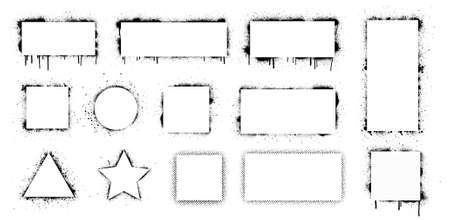Spray graffiti stencil with white frame for text. Stencil frames with brush splash. Black airbrushing paint banner, rectangular stencil border. Set stencil border isolated on white background. Vectorのイラスト素材