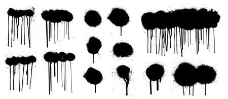 Great graffiti spray collection with high detail. Isolated collection drips black ink splatters and dots from spray with current paint. Blank Graffiti template mockup with effect spray. Vector grungeのイラスト素材